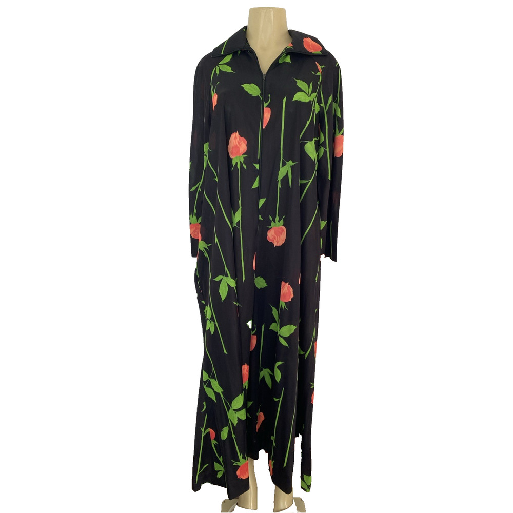 Butterfield 8 Caftan Dress Tunic Mumu Long Sleeve Floral Red Rose Black Maxi L